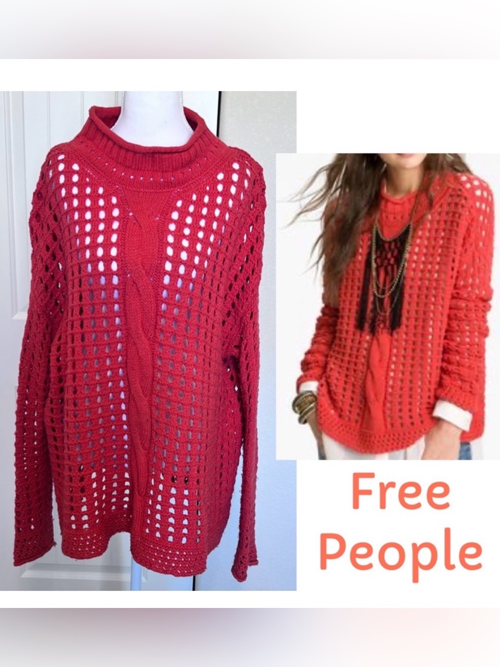 Free People Cowl Neck Open Knit Boyfriend Oversized Comfy Sweater Orange tones